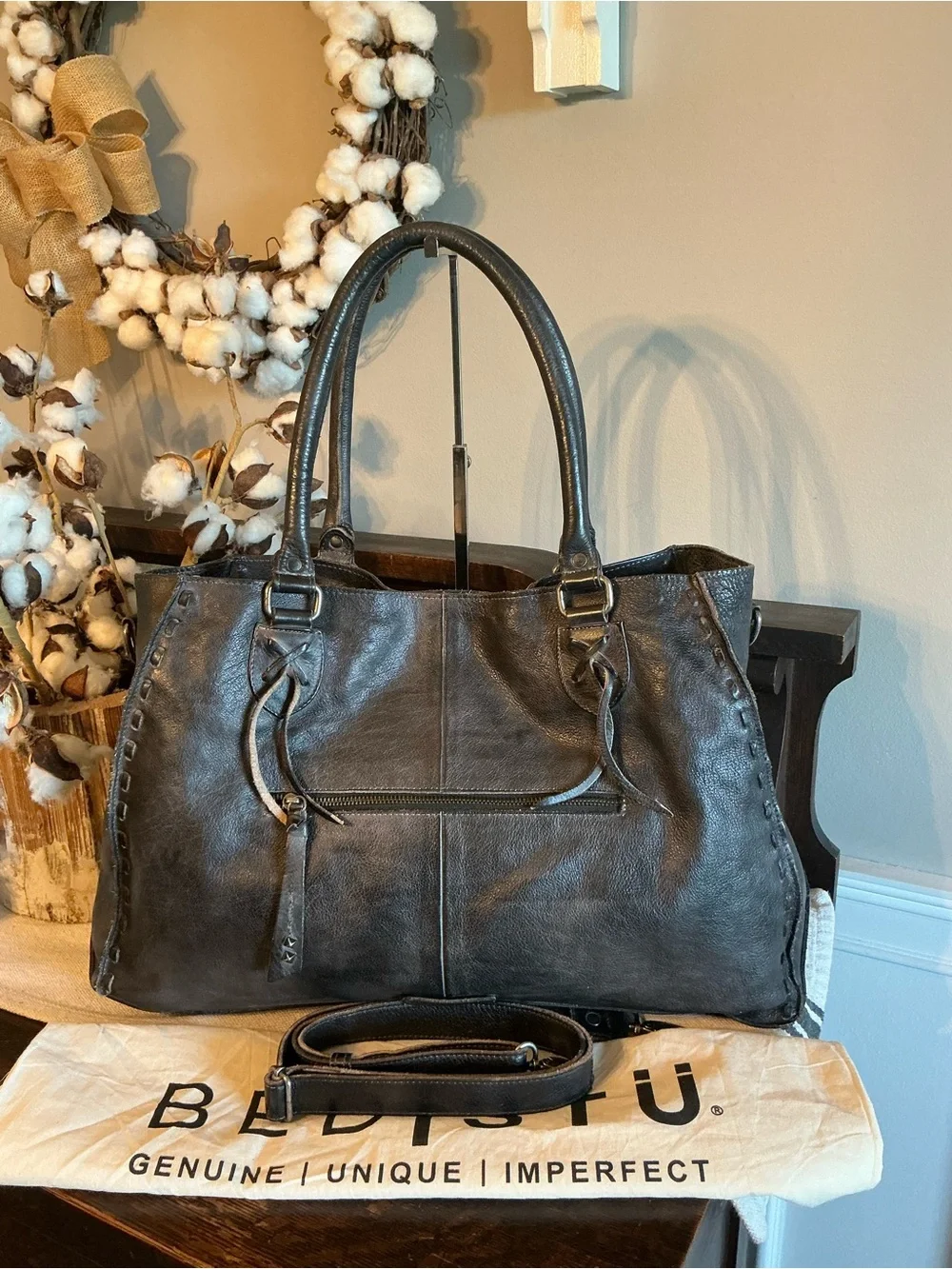 NWOT Bed Stu Leather Rockaway Shoulder Bag Crossbody Tote Black Rustic MSRP $345